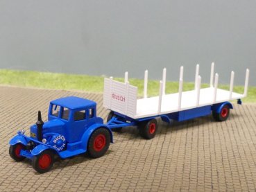 Preview: 1/87 Brekina Lanz mit 2achs Rungenanhänger Circus Busch