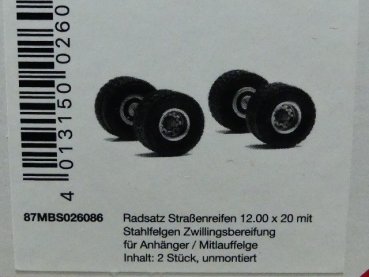 1/87 Herpa Radsätze Straßenreifen 12.00x20 Stahlfelgen Zwillingsbereifung f. Anhänger HER87MBS026086