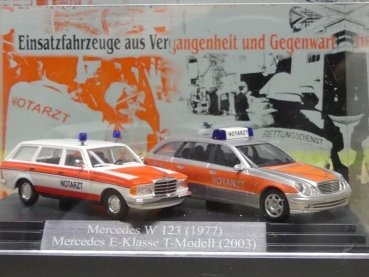 Preview: 1/87 Busch SET Einsatzfahrzeuge Vergangenheit und Gegenwart MB 123 + MB E-Klasse T Modell
