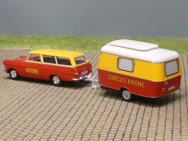 1/87 Brekina Opel Rekord P2 Caravan Circus Krone mit Wohnanhänger 20142