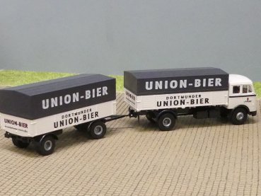 Preview: 1/87 Brekina MB 334 Dortmunder Union Bier Planen-Hängerzug