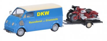 1/43 Schuco DKW Schnelllaster mit Motorradanhänger und Beladung 450238800