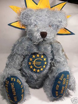 HC 43 Hermann Coburg EURO-Bär 42 cm mit einem DM Stück als Erinnerung