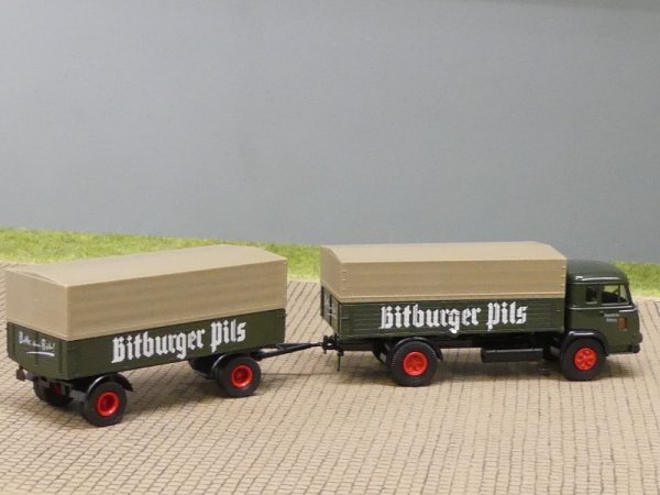 1/87 Brekina Magirus Pluto Bitburger Pils Planen-Hängerzug