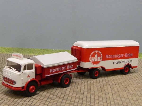 1/87 Brekina MB 328 Henninger Bier Zugmaschine + Koffer-Anhänger