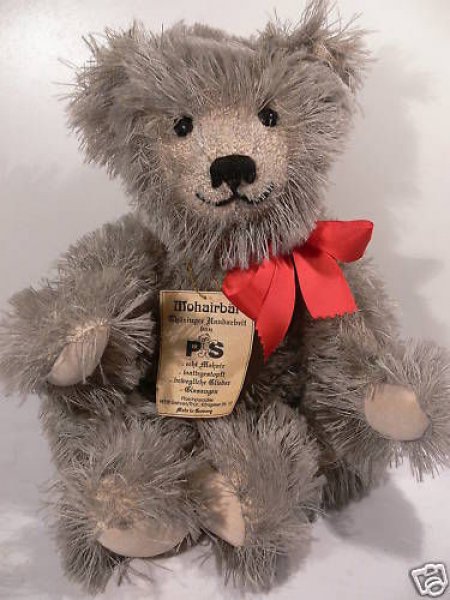 PS 24 Mohairbär beige grau gewolkt Sitzbär ca. 22 cm Made In Germany