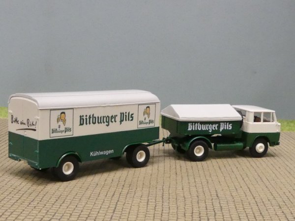 1/87 Brekina Henschel HS 16 Bitburger Pils Zugmaschine + Kühlkoffer Anhänger