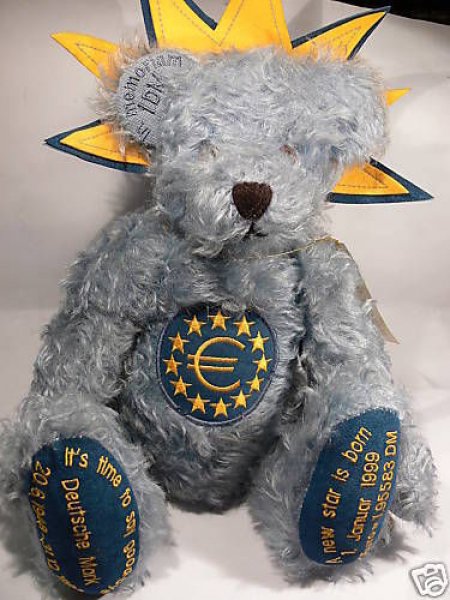 HC 43 Hermann Coburg EURO-Bär 42 cm mit einem DM Stück als Erinnerung