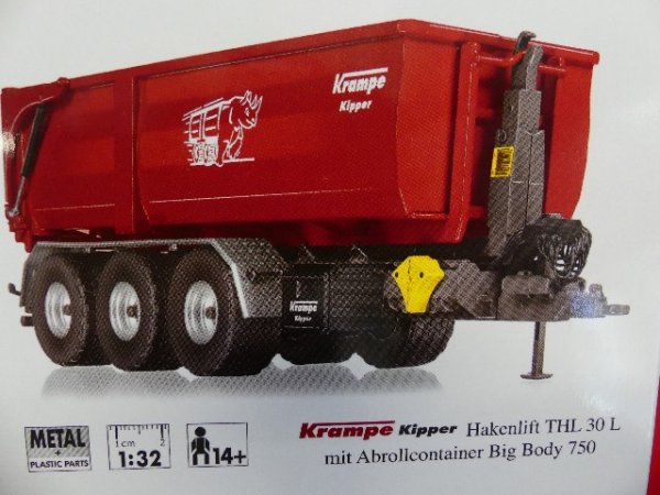 1/32 Wiking Krampe Hakenlift THL 30 L mit Abrollcontainer Big Body 750 0778 26