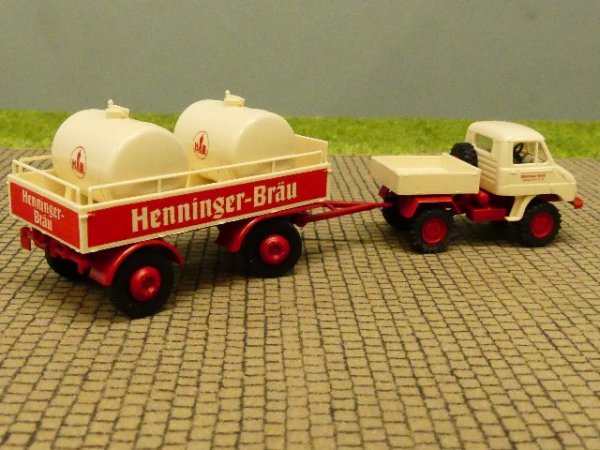 1/87 Brekina Unimog 411 Henninger Bräu Hänger mit Tanks 39101